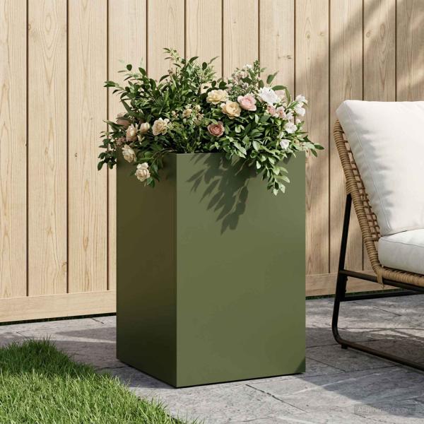 ARDEBO.de - Garten-Pflanzgefäß Olivgrün 30 x 30 x 40 cm Kaltgewalzter Stahl