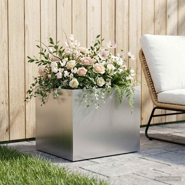 ARDEBO.de - Garten-Pflanzgefäß Silber 40 x 30 x 30 cm Edelstahl