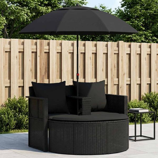 ARDEBO.de - Gartenbett mit Sonnenschirm Poly Rattan Schwarz