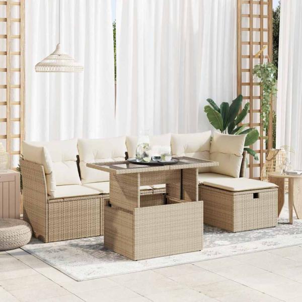 ARDEBO.de - 6-tlg. Garten-Sofagarnitur mit Kissen Beige Poly Rattan