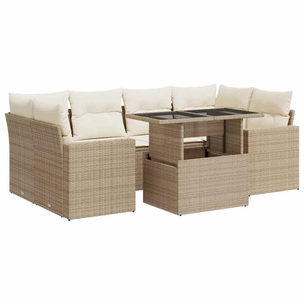 7-tlg. Garten-Sofagarnitur mit Kissen Beige Poly Rattan