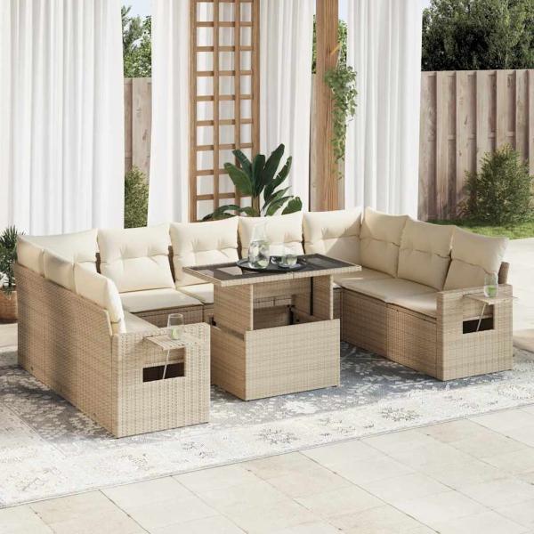 ARDEBO.de - 10-tlg. Garten-Sofagarnitur mit Kissen Beige Poly Rattan