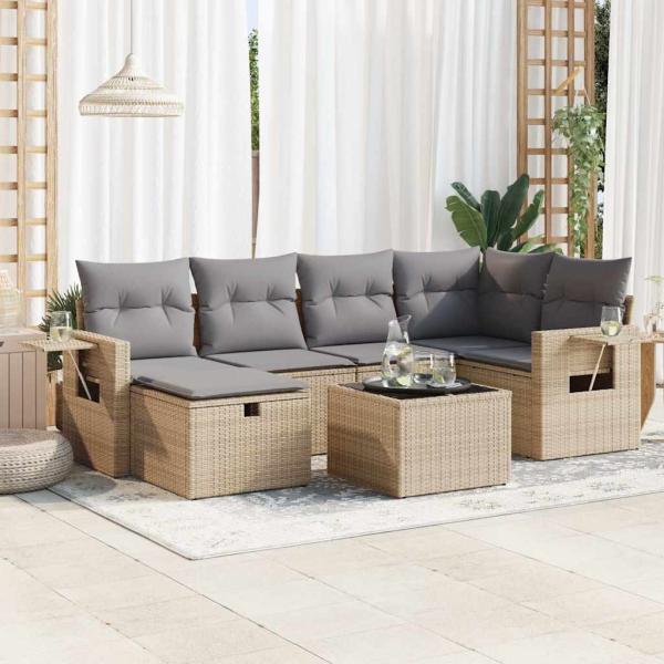 ARDEBO.de - 7-tlg. Garten-Sofagarnitur mit Kissen Beige Poly Rattan