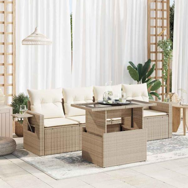 ARDEBO.de - 5-tlg. Garten-Sofagarnitur mit Kissen Beige Poly Rattan