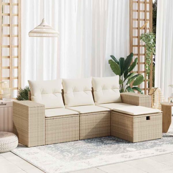 ARDEBO.de - 4-tlg. Garten-Sofagarnitur mit Kissen Beige Poly Rattan