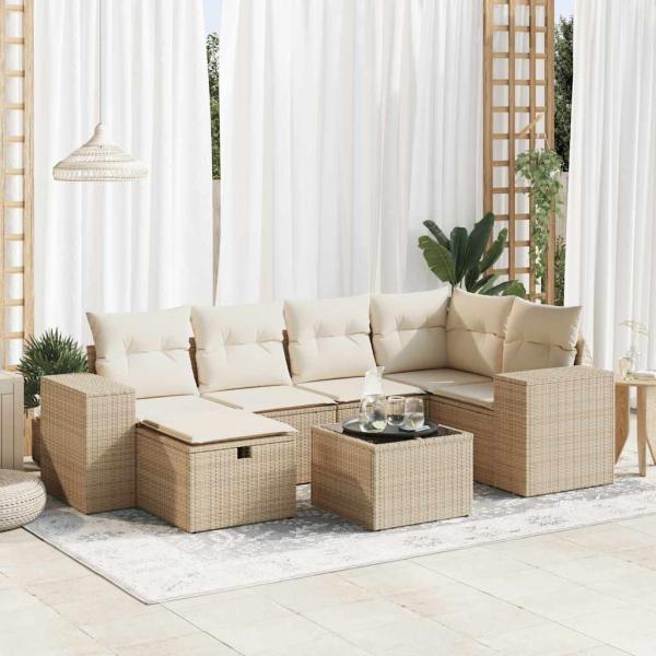 ARDEBO.de - 7-tlg. Garten-Sofagarnitur mit Kissen Beige Poly Rattan