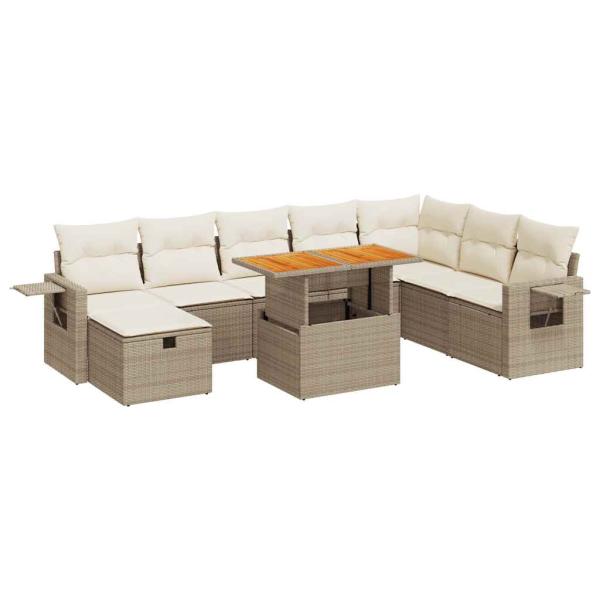 9-tlg. Garten-Sofagarnitur mit Kissen Beige Poly Rattan Akazie