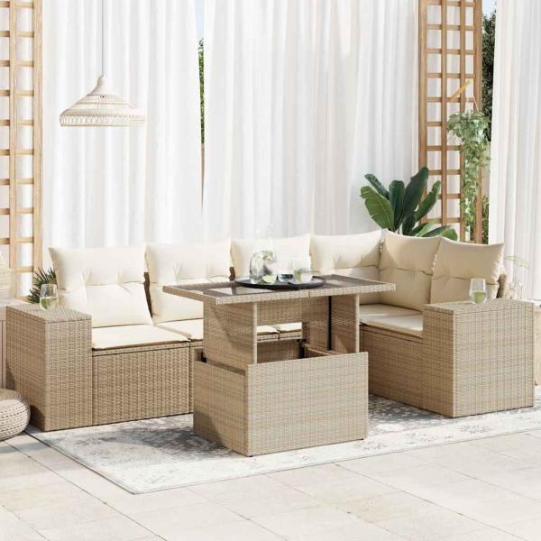 ARDEBO.de - 6-tlg. Garten-Sofagarnitur mit Kissen Beige Poly Rattan