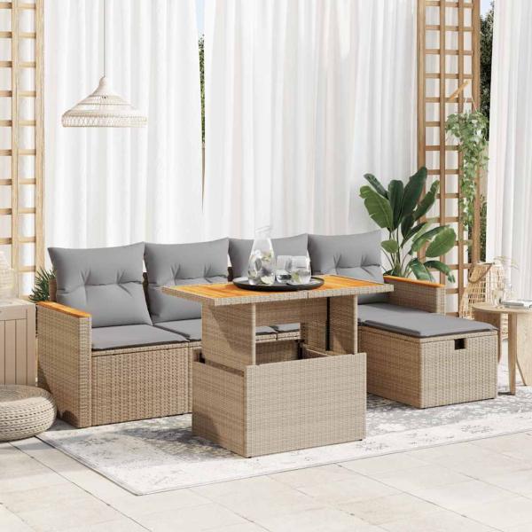 ARDEBO.de - 6-tlg. Garten-Sofagarnitur mit Kissen Beige Poly Rattan