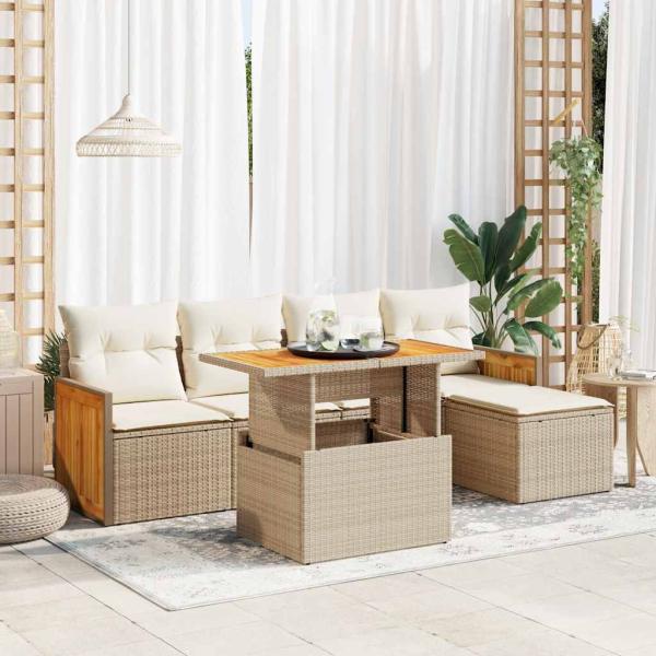 ARDEBO.de - 6-tlg. Garten-Sofagarnitur mit Kissen Beige Poly Rattan Akazie
