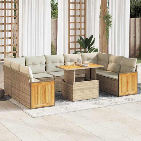 ARDEBO.de - 10-tlg. Garten-Sofagarnitur mit Kissen Beige Poly Rattan Akazie