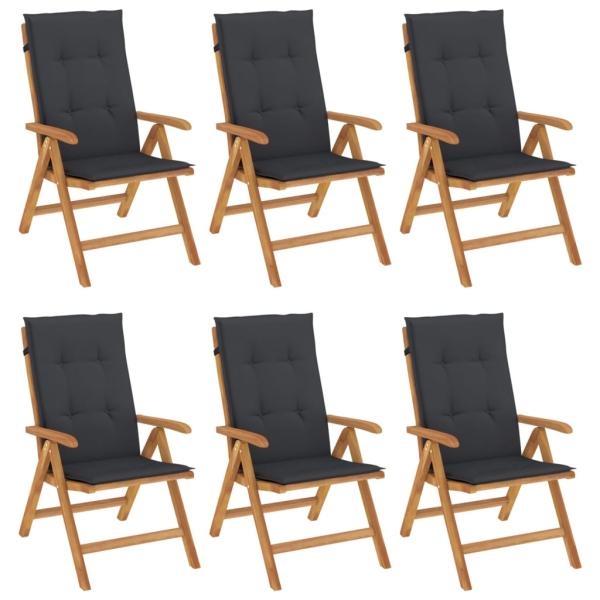6-teiliges Set aus massivem Teakholz mit verstellbaren Klappstühlen und Kissen