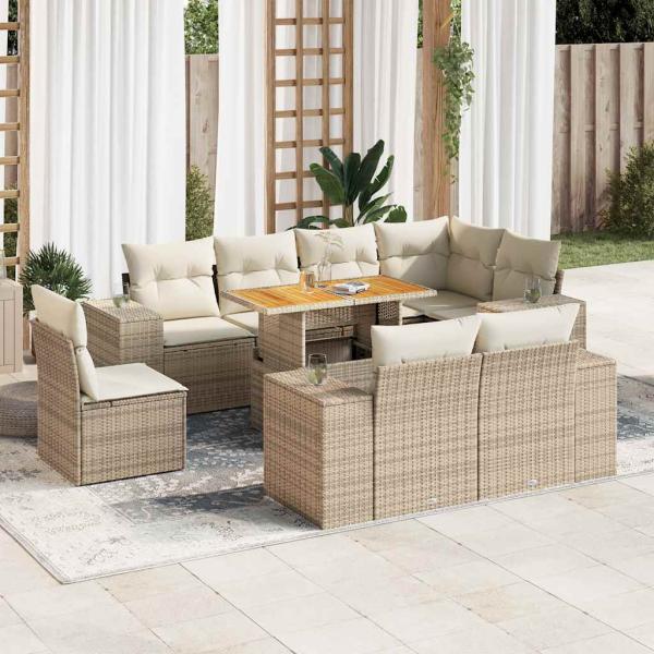 ARDEBO.de - 9-tlg. Garten-Sofagarnitur mit Kissen Beige Poly Rattan