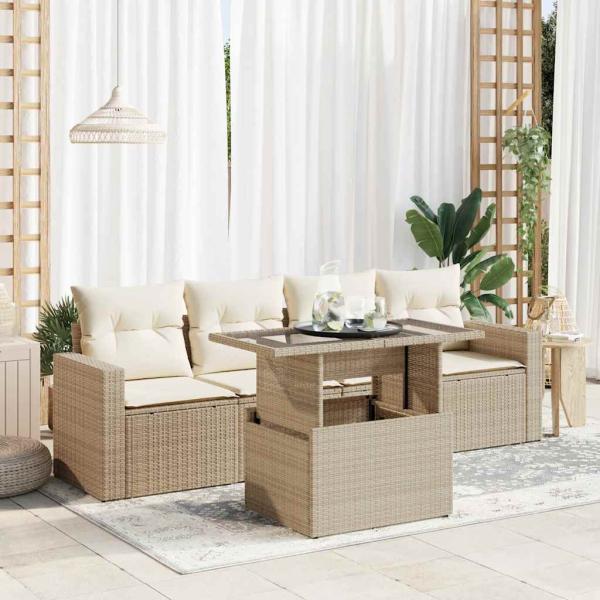 ARDEBO.de - 5-tlg. Garten-Sofagarnitur mit Kissen Beige Poly Rattan