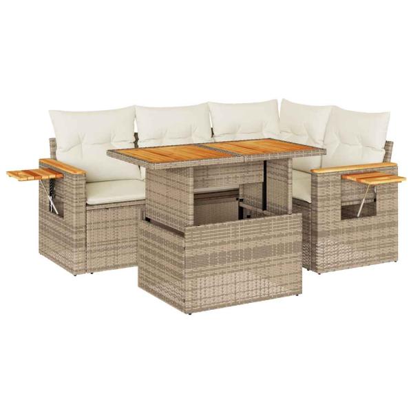 5-tlg. Garten-Sofagarnitur mit Kissen Beige Poly Rattan Akazie
