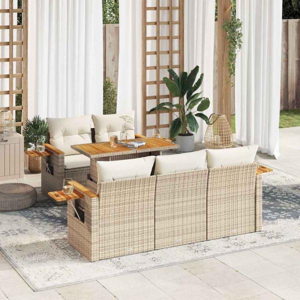 ARDEBO.de - 6-tlg. Garten-Sofagarnitur mit Kissen Beige Poly Rattan Akazie