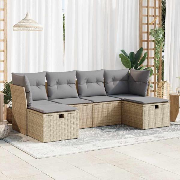 ARDEBO.de - 6-tlg. Garten-Sofagarnitur mit Kissen Beige Poly Rattan