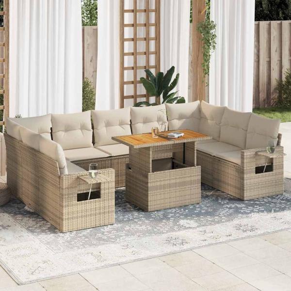 ARDEBO.de - 10-tlg. Garten-Sofagarnitur mit Kissen Beige Poly Rattan