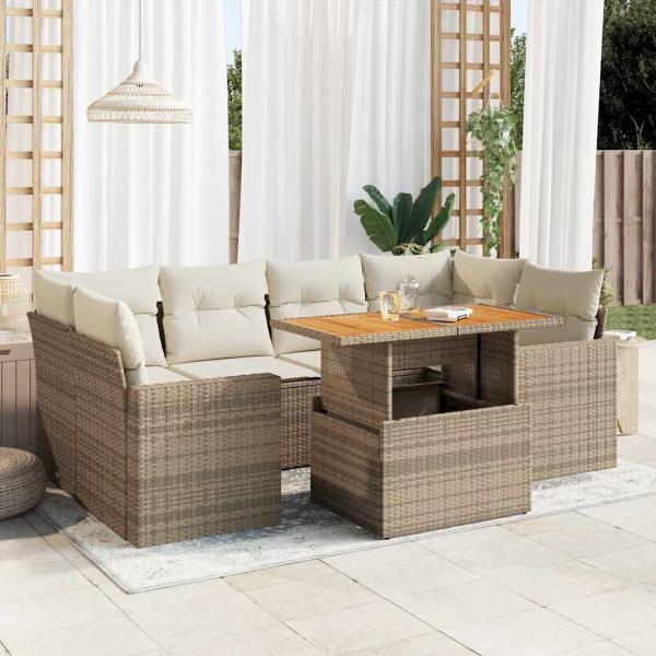 ARDEBO.de - 7-tlg. Garten-Sofagarnitur mit Kissen Beige Poly Rattan