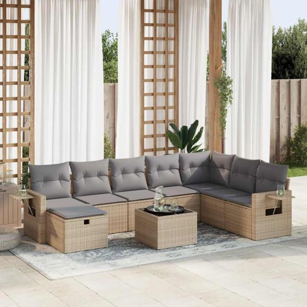 ARDEBO.de - 9-tlg. Garten-Sofagarnitur mit Kissen Beige Poly Rattan