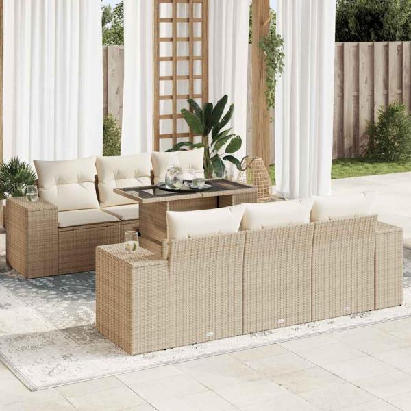 ARDEBO.de - 7-tlg. Garten-Sofagarnitur mit Kissen Beige Poly Rattan