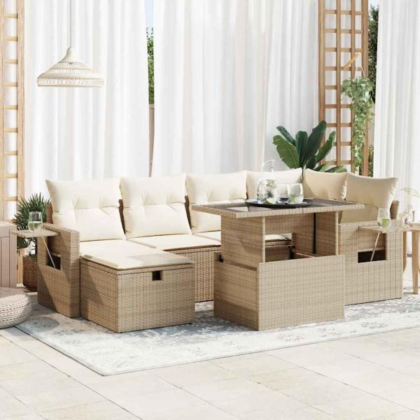 ARDEBO.de - 7-tlg. Garten-Sofagarnitur mit Kissen Beige Poly Rattan
