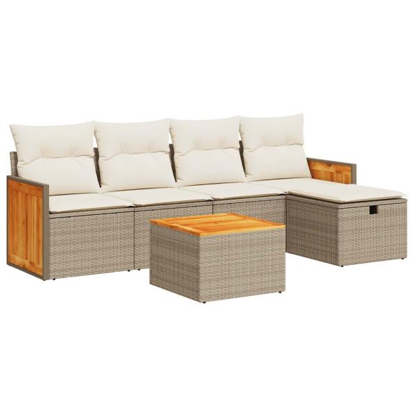 6-tlg. Garten-Sofagarnitur mit Kissen Beige Poly Rattan