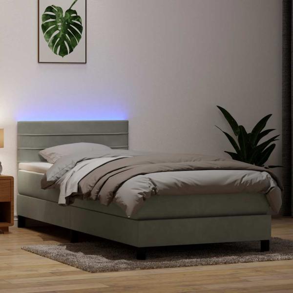ARDEBO.de - Boxspringbett mit Matratze & LED Hellgrau 90x220 cm Samt