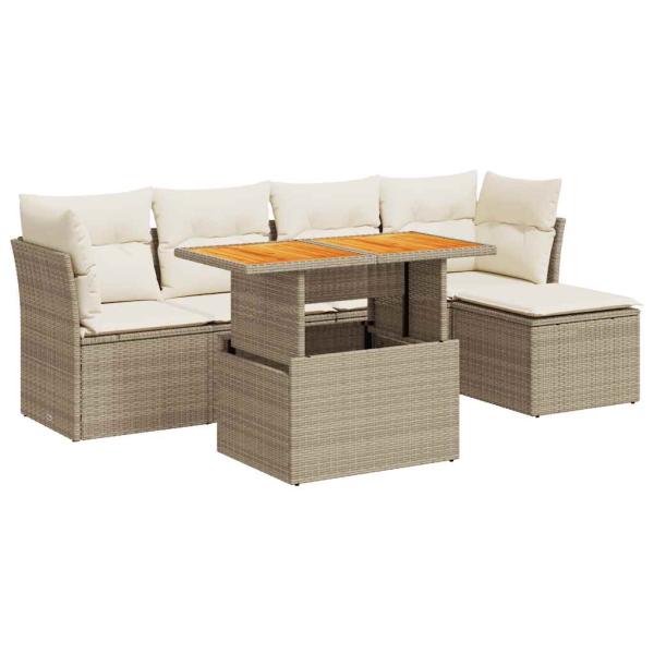 6-tlg. Garten-Sofagarnitur mit Kissen Beige Poly Rattan