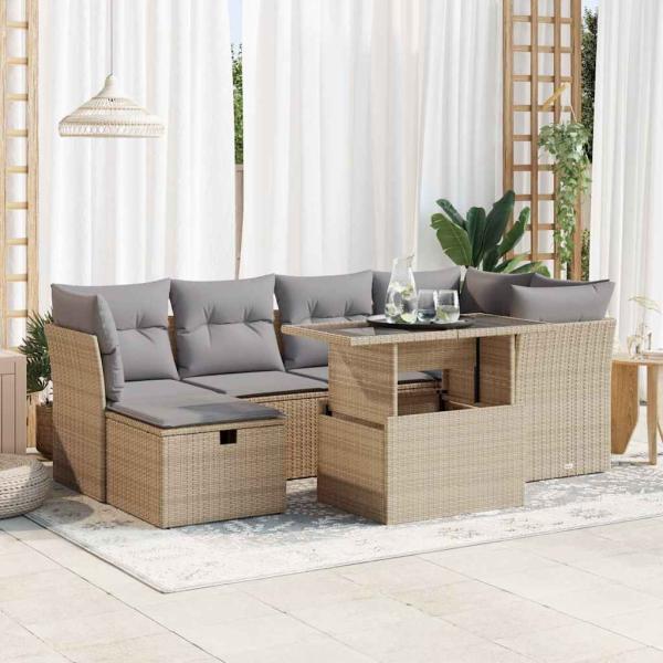 ARDEBO.de - 7-tlg. Garten-Sofagarnitur mit Kissen Beige Poly Rattan