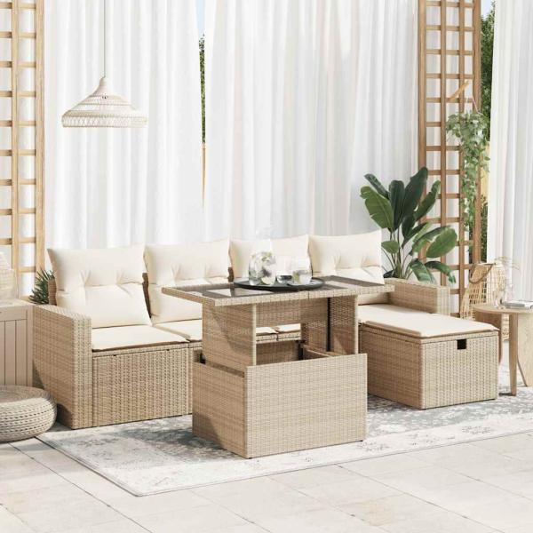 ARDEBO.de - 6-tlg. Garten-Sofagarnitur mit Kissen Beige Poly Rattan
