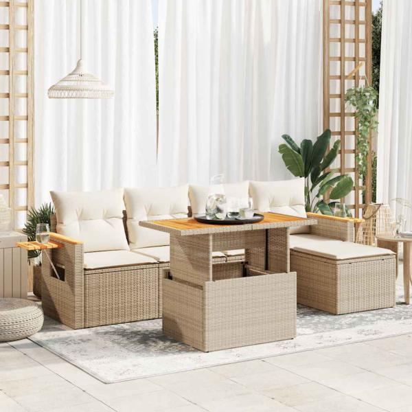 ARDEBO.de - 6-tlg. Garten-Sofagarnitur mit Kissen Beige Poly Rattan Akazie