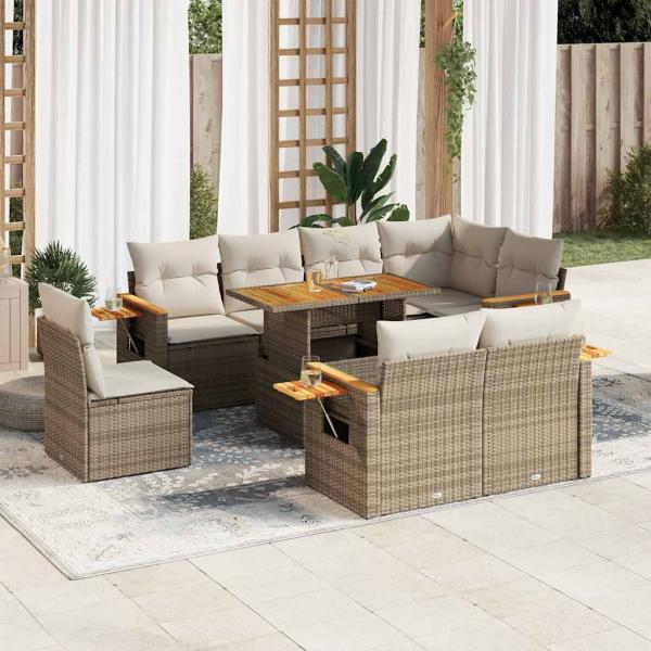 ARDEBO.de - 9-tlg. Garten-Sofagarnitur mit Kissen Beige Poly Rattan Akazie