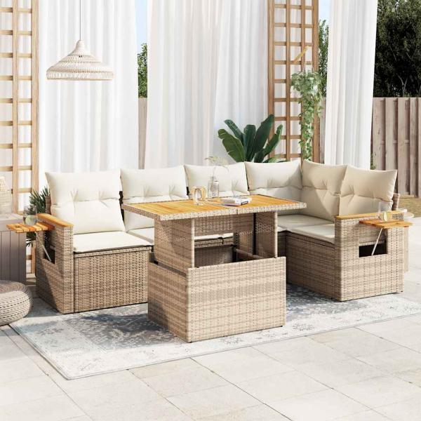 ARDEBO.de - 6-tlg. Garten-Sofagarnitur mit Kissen Beige Poly Rattan Akazie