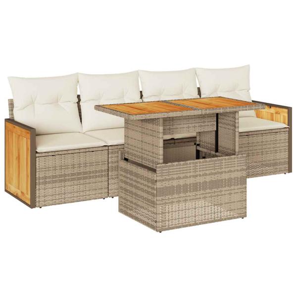 5-tlg. Garten-Sofagarnitur mit Kissen Beige Poly Rattan Akazie