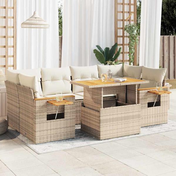 ARDEBO.de - 7-tlg. Garten-Sofagarnitur mit Kissen Beige Poly Rattan Akazie