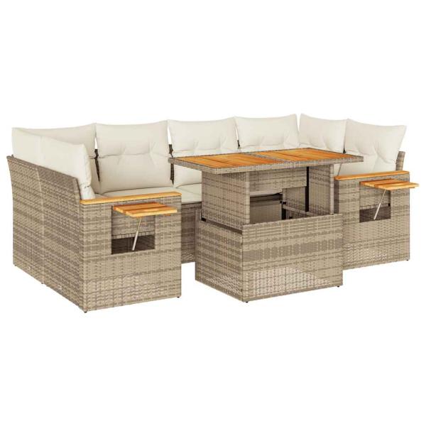 7-tlg. Garten-Sofagarnitur mit Kissen Beige Poly Rattan Akazie