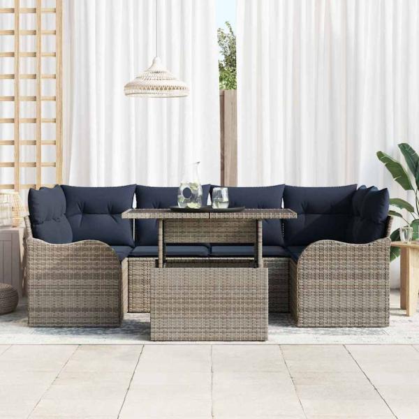 Gartensofa-set 7 stk. Grau und Marineblau Poly-Rattan