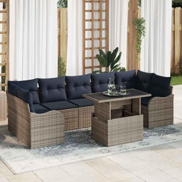ARDEBO.de - Gartensofa-set 8 stk. Grau und Marineblau Poly-Rattan