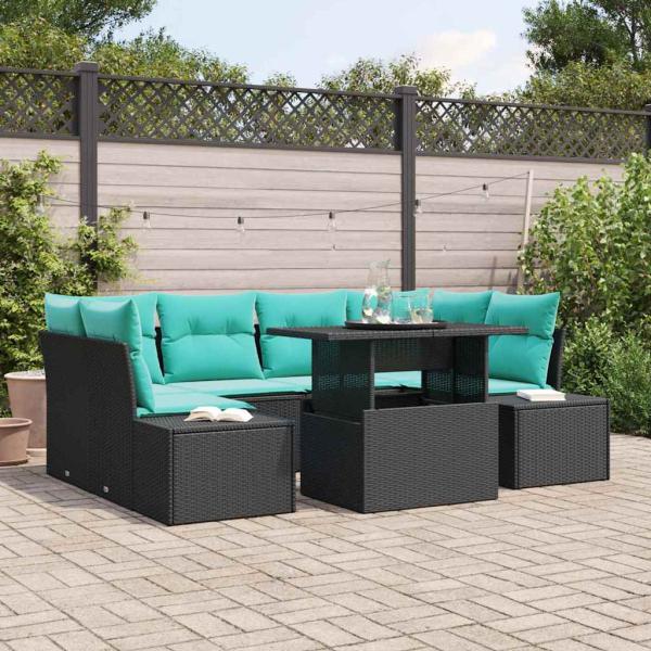 ARDEBO.de - Sofa Set 7 stk. 6-Sitzanzahl Schwarz und Blau Poly-Rattan