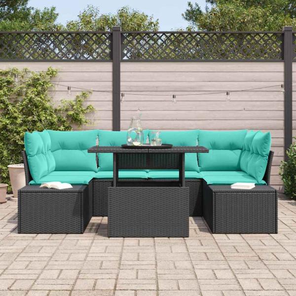 Sofa Set 7 stk. 6-Sitzanzahl Schwarz und Blau Poly-Rattan