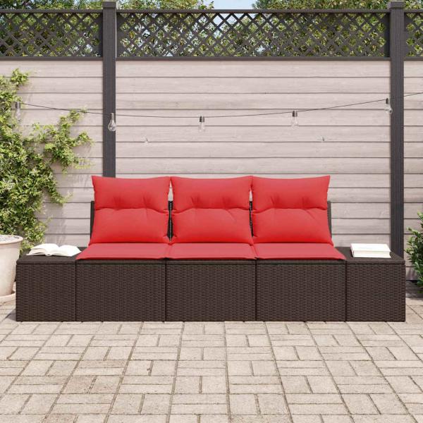 Gartensofa-set 3 stk. Braun und Rot Poly-Rattan