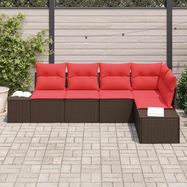 Gartensofa-set 5 stk. Braun und Rot Poly-Rattan