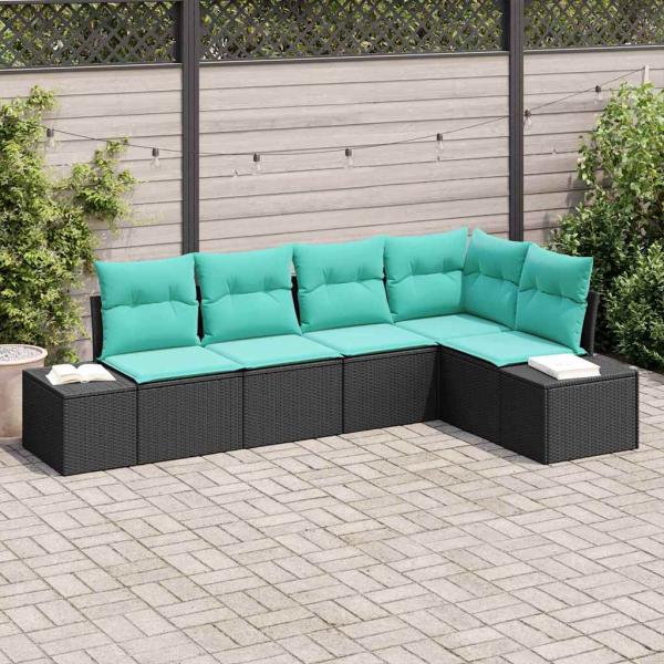ARDEBO.de - Gartensofa-set 5 stk. Schwarz und Türkis Poly-Rattan