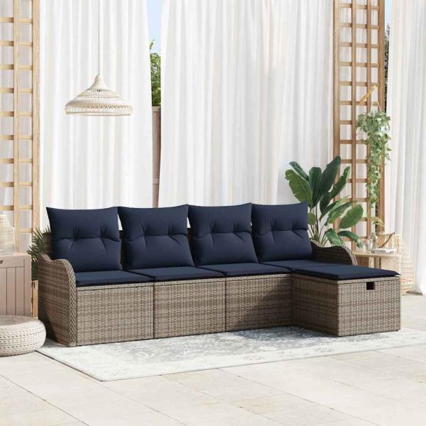 ARDEBO.de - Gartensofa-set 5 stk. 4-Sitzer Grau und Marineblau Poly-Rattan
