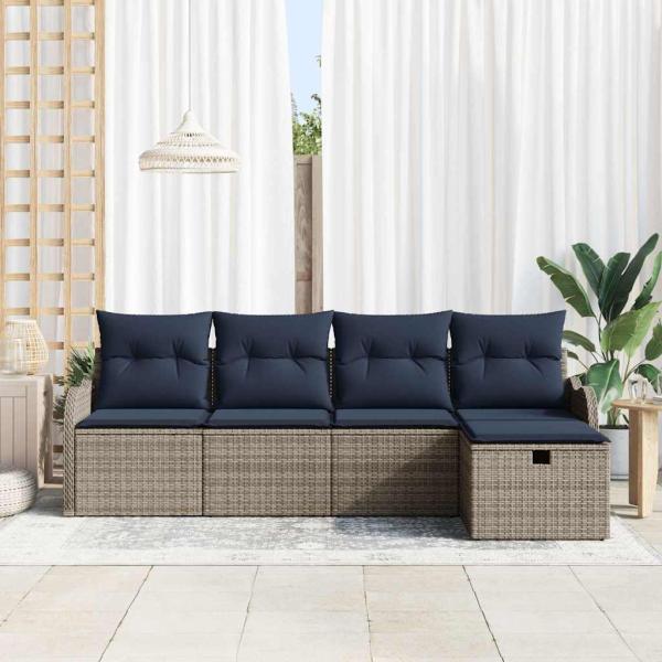 Gartensofa-set 5 stk. 4-Sitzer Grau und Marineblau Poly-Rattan