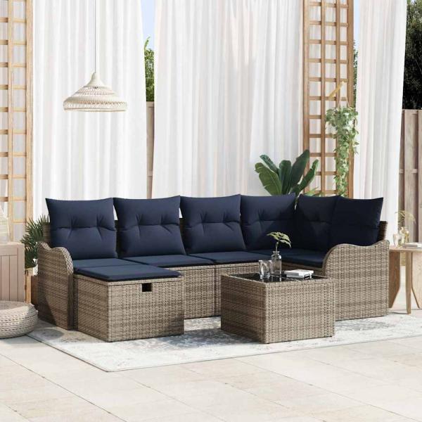 ARDEBO.de - Gartensofa-set 7 stk. Grau und Marineblau Poly-Rattan