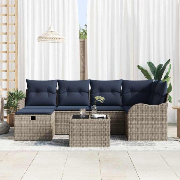 Gartensofa-set 7 stk. Grau und Marineblau Poly-Rattan
