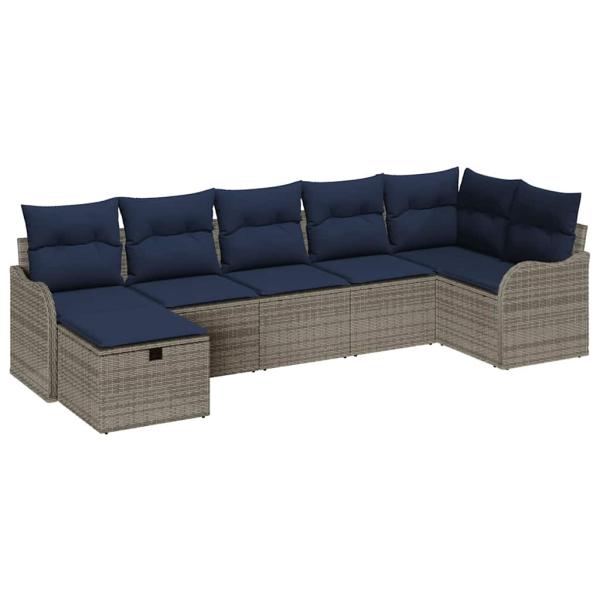 Sofa Set mit Kissen Grau und Marineblau Poly-Rattan