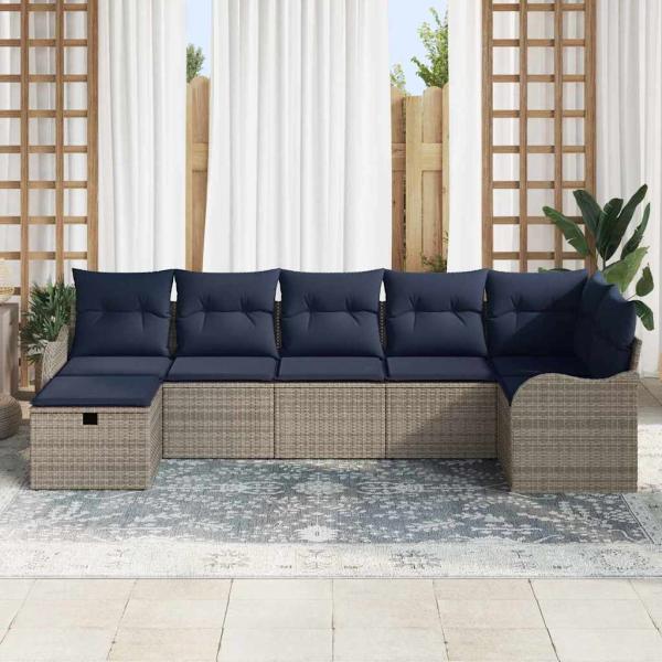Sofa Set mit Kissen Grau und Marineblau Poly-Rattan